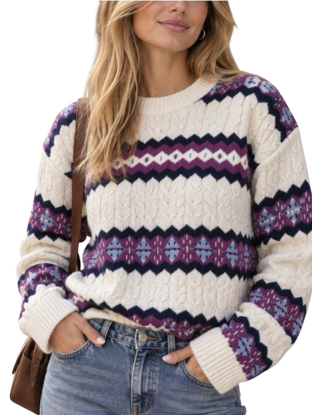 💜NWOT LOFT Women’s Fair Isle Purple White Crewneck Fall Minimalist Chic Sweater